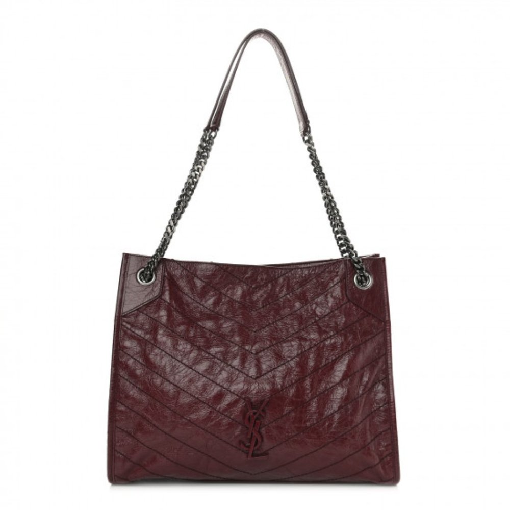 SAINT LAURENT Niki Shopper Tote Crinkled Leather Burgundy Matelasse Monogram MED